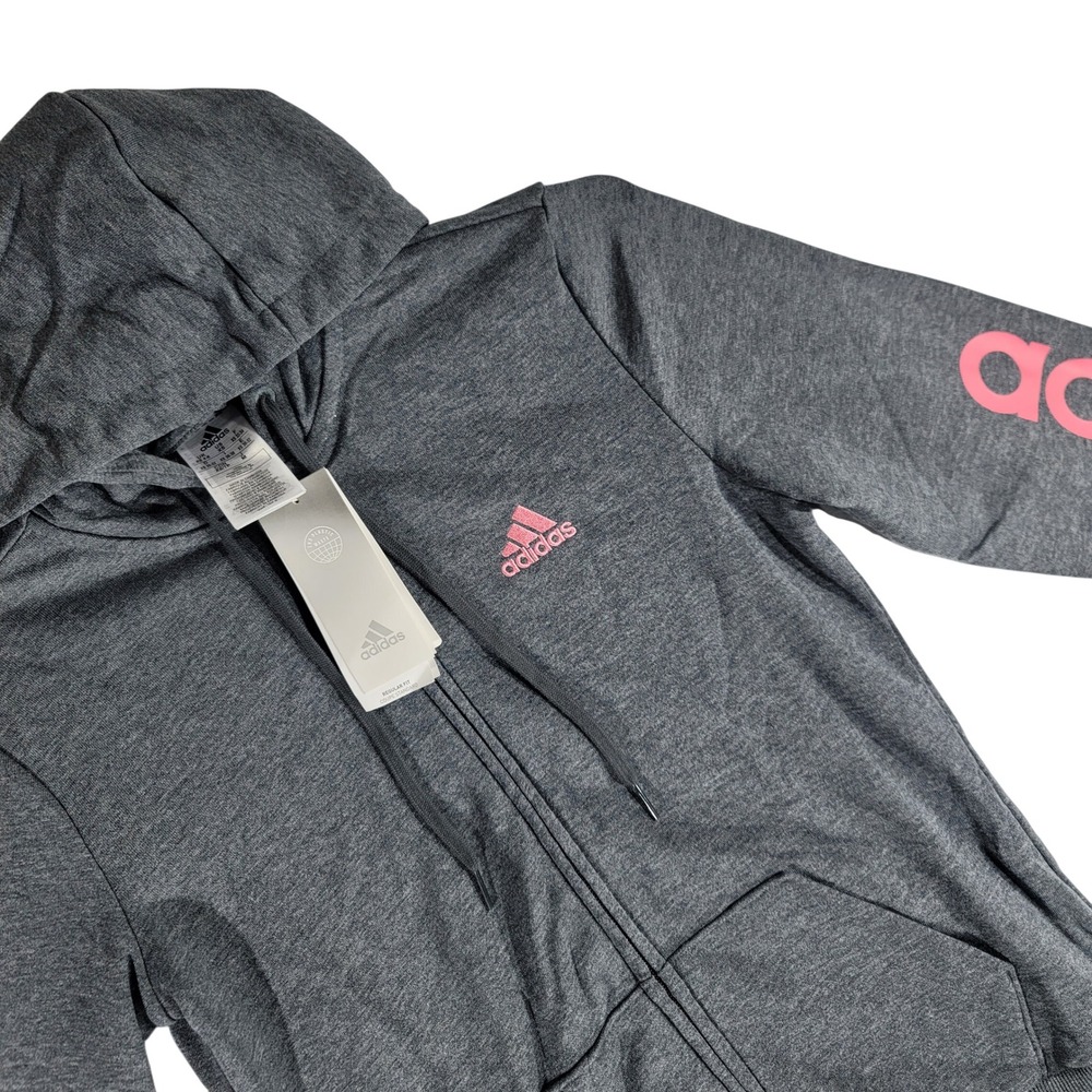 Adidas Womens Essentials Linear Full Zip Hoodie Dark Grey Pink H07750 XS NWT